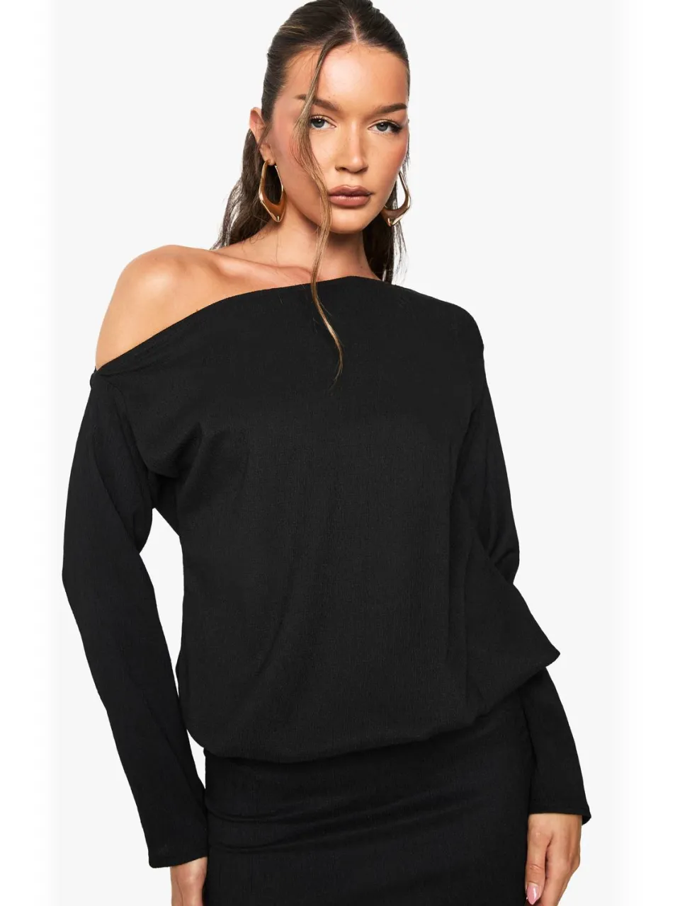 boohoo Dames Off the Shoulder Lang Mouw Bodycon Mini Jurk zwart, foto 4
