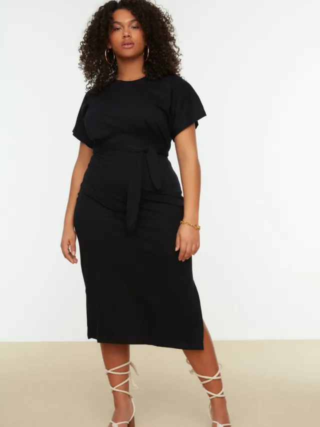 Trendyol Curve Dames Zwart Effen Midi Kort Casual Recht Grote maten Jurk