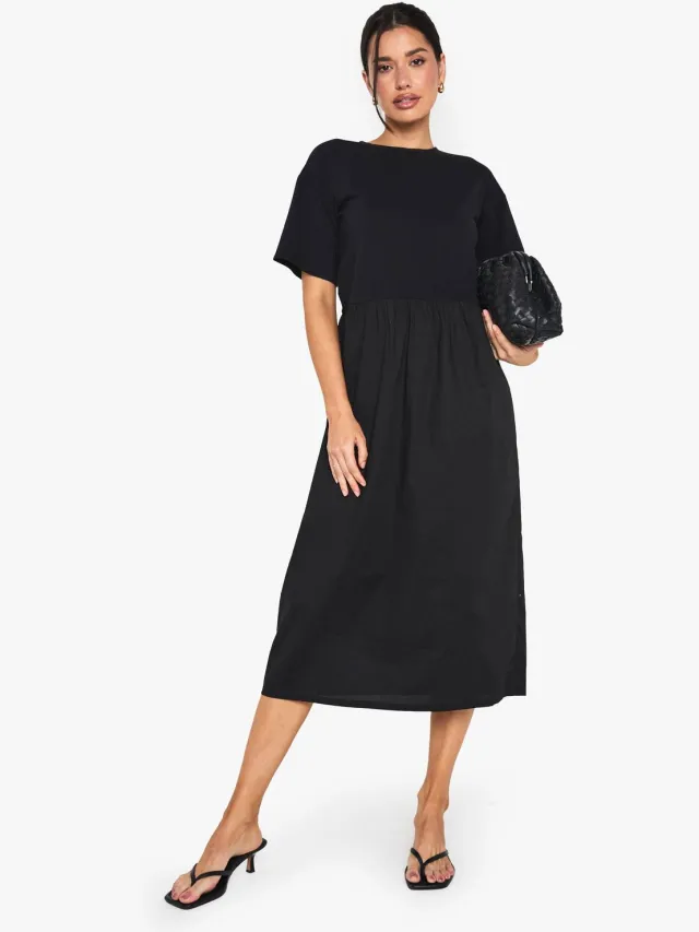 boohoo Dames Lange Jersey Katoenmix Smockjurk Zwart
