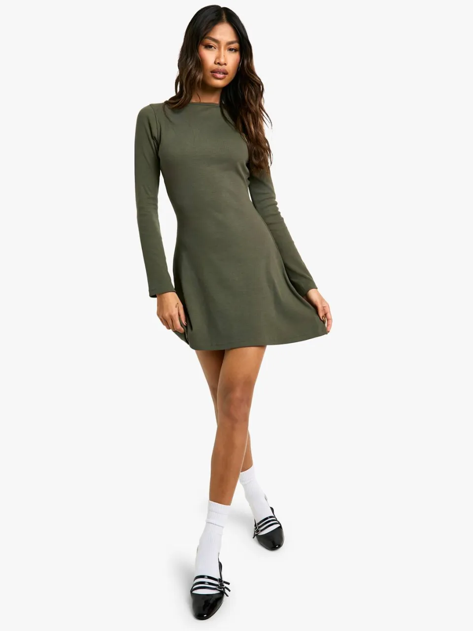 boohoo Dames Geribde Tie Back Shift Jurk donkere olijf, foto 2