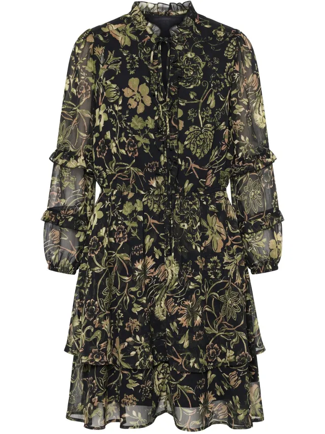 Studio Untold Dames - chiffonjurk minilengte bloemenprint ruches - Zwart - Maat 54+