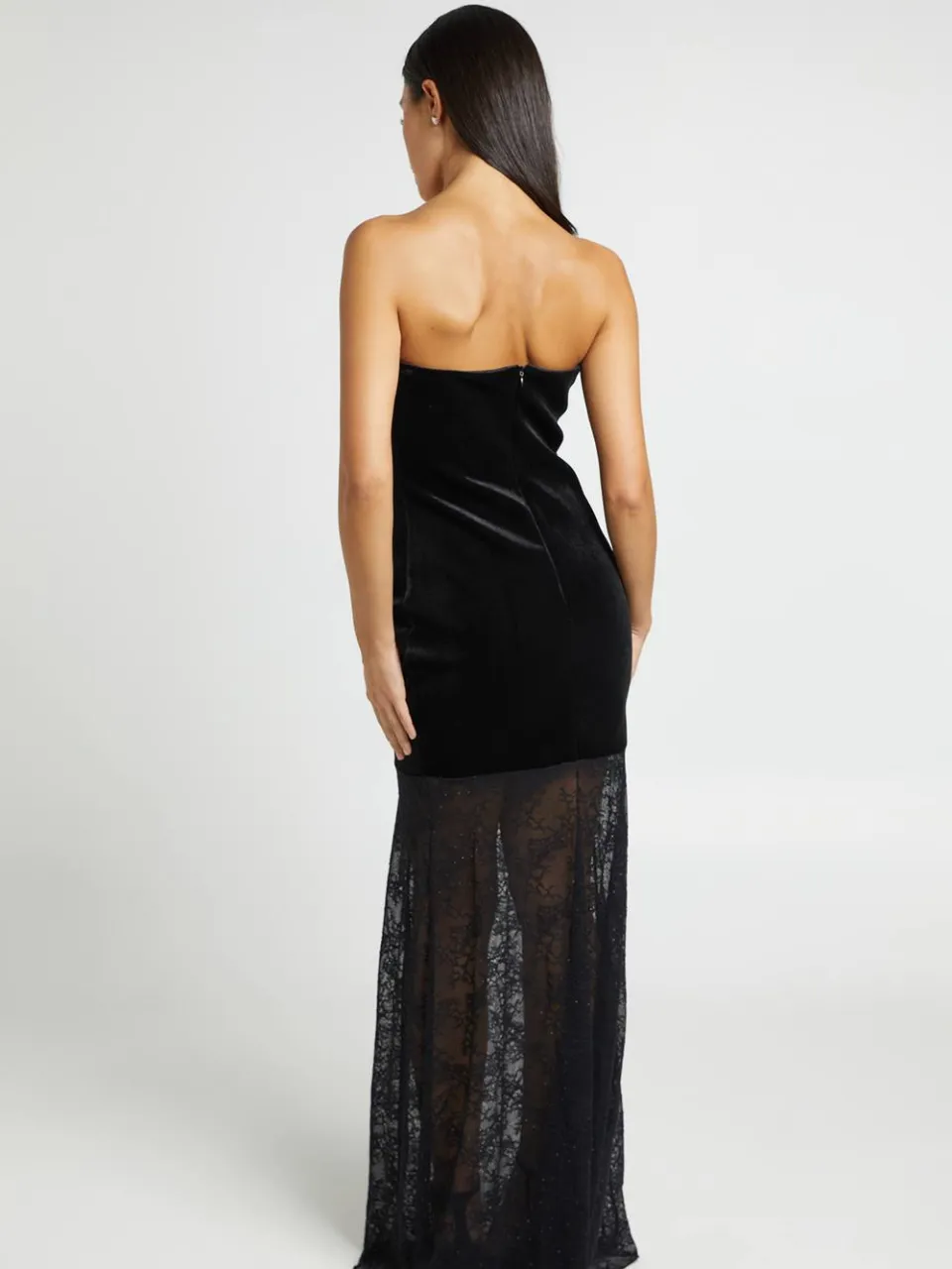 boohoo Dames Fluwelen Bandeau Hotfix Kanten Maxi Jurk zwart, foto 3