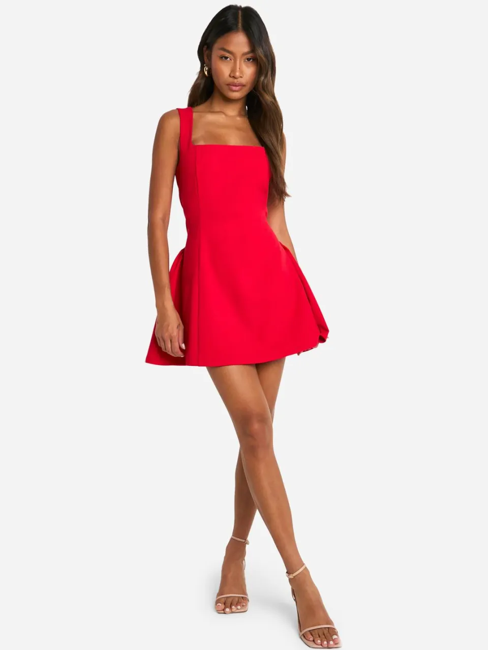 boohoo Dames Mini-jurk met volle rok en vierkante halslijn rood, foto 3