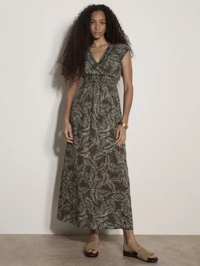 Apricot Maxi-jurk met rustieke bladprint en smockwerk Groen