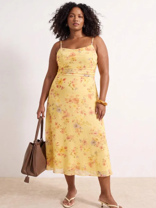 Trendyol Curve Dames Meerkleurig Bloemen Midi Mouwloos Bodycon Grote maten Jurk Veelkleurig