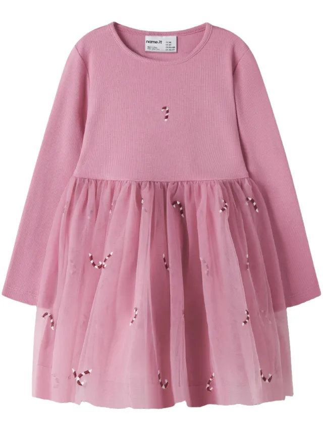 NAME IT MINI korte jurk met borduursels roze
