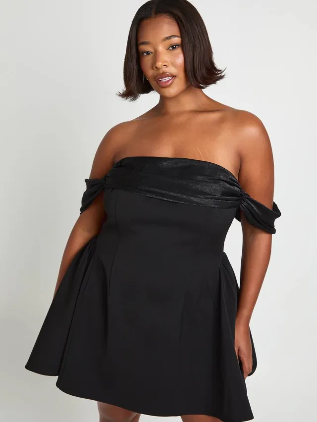 boohoo Dames Plus Fluweel Bardot Minijurk Zwart
