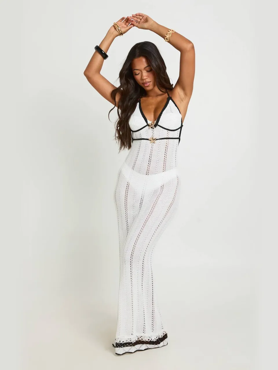 boohoo Dames Strand Gehaakte Gouden Zeester Trim Bandjes Maxi Jurk, foto 3