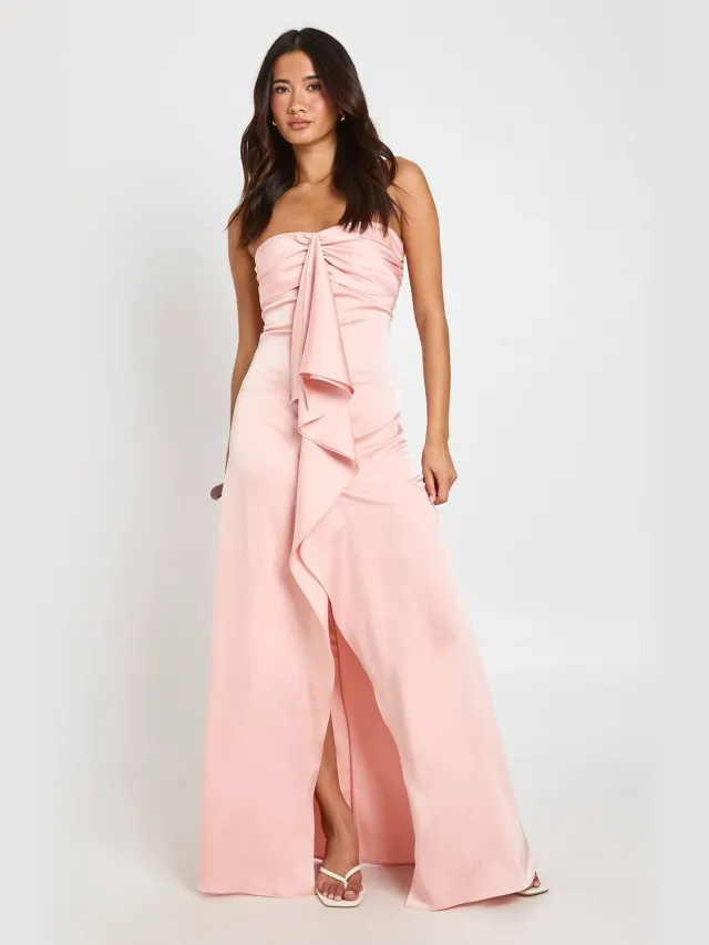 boohoo Dames Maxi Jurk Met Geplooid Buste En Gedrapeerd Voorpand Van Satijn Perzik