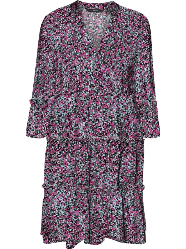 Vero Moda VMEASY JOY 3/4 SHORT DRESS WVN GA - Dames - Mini jurken Black / Aop Olga