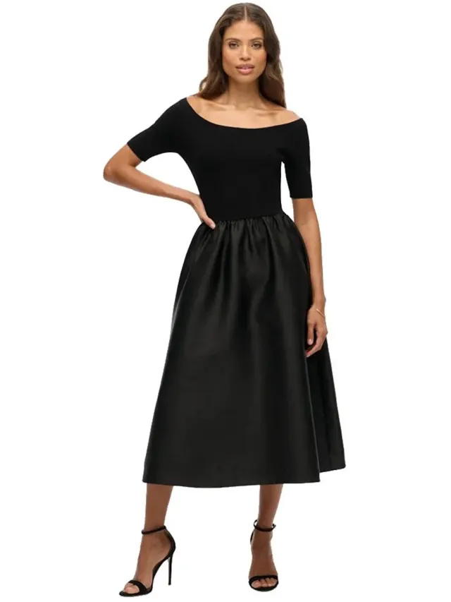 Superdry Lbd Woven Mix Midi-jurk Met Korte Mouwen Zwart S Vrouw Black