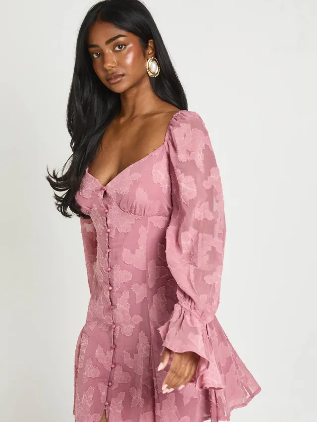 boohoo Dames Burnout Bloemen Godet Zoom Mini Jurk Roos
