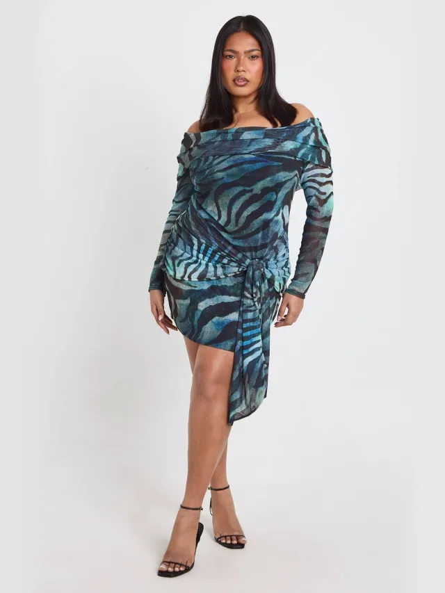 boohoo Dames Plus Dierenprint Bardot Mini Jurk Met Strikdetail Blauw