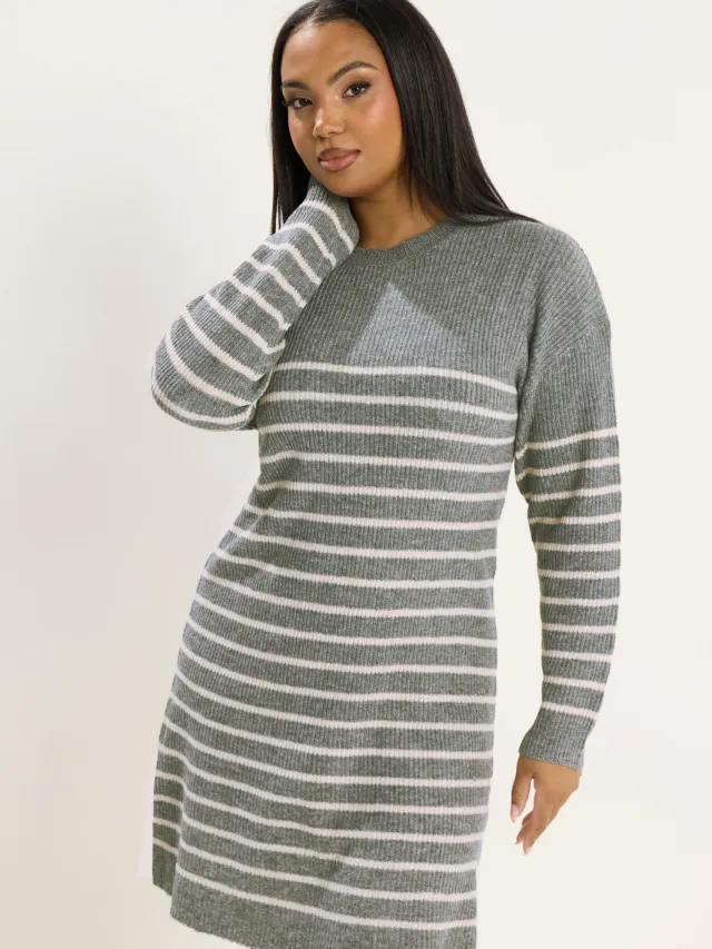 Yours Grijs Gestreepte Gebreide Truijurk-48 Grey