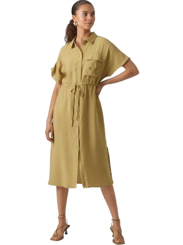 Vero Moda Midi-shirtjurk met kraag voor dames (Iris) (Khaki) Kaki