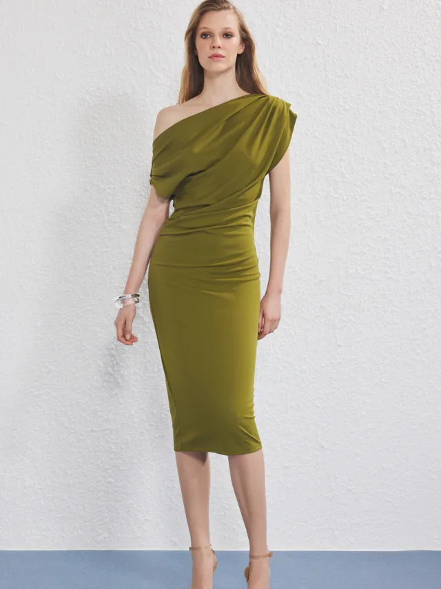 Trendyol TRENDYOLMİLLA Dames Groen Effen Midi Mouwloos Casual Bodycon Jurken