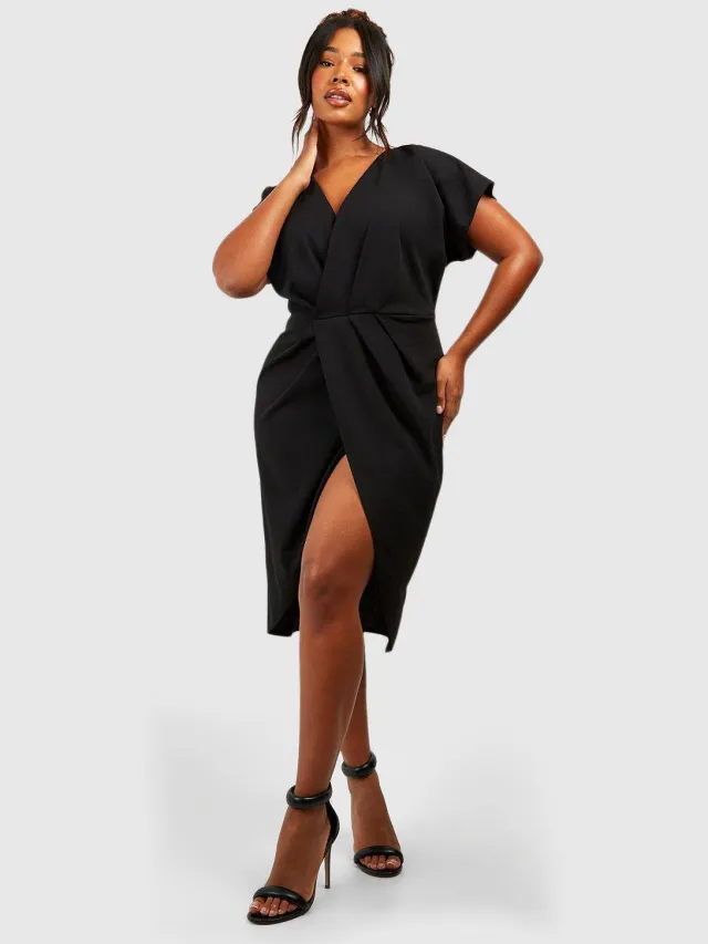 boohoo Dames Plus Wrap Front Midi Jurk Zwart