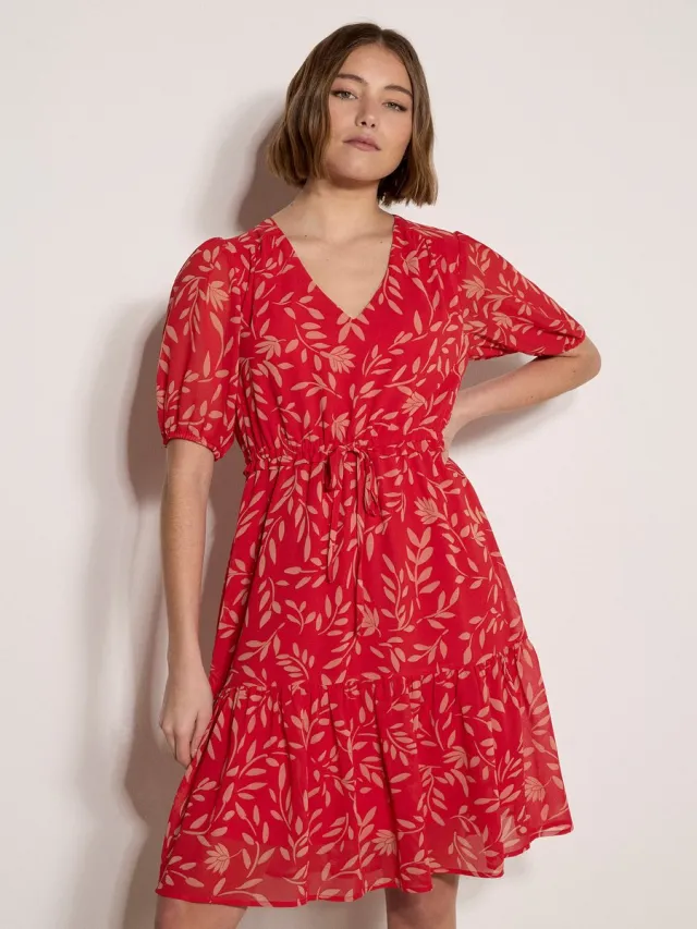 Apricot Mini-jurk met trekkoord en bladmotief Rood