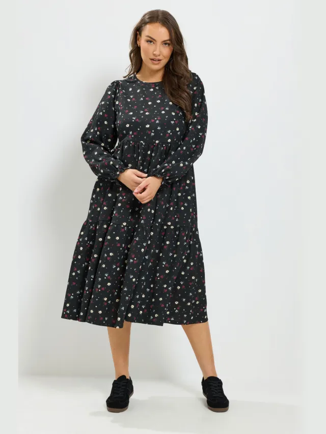 Yours Zwarte Jurk Met Stippen, Bloemen En Textuur Black