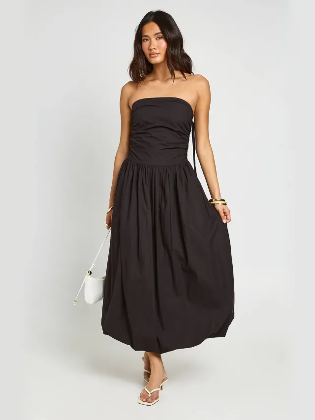 boohoo Dames Katoenen Poplin Gerimpelde Pofbal Midi Jurk Zwart