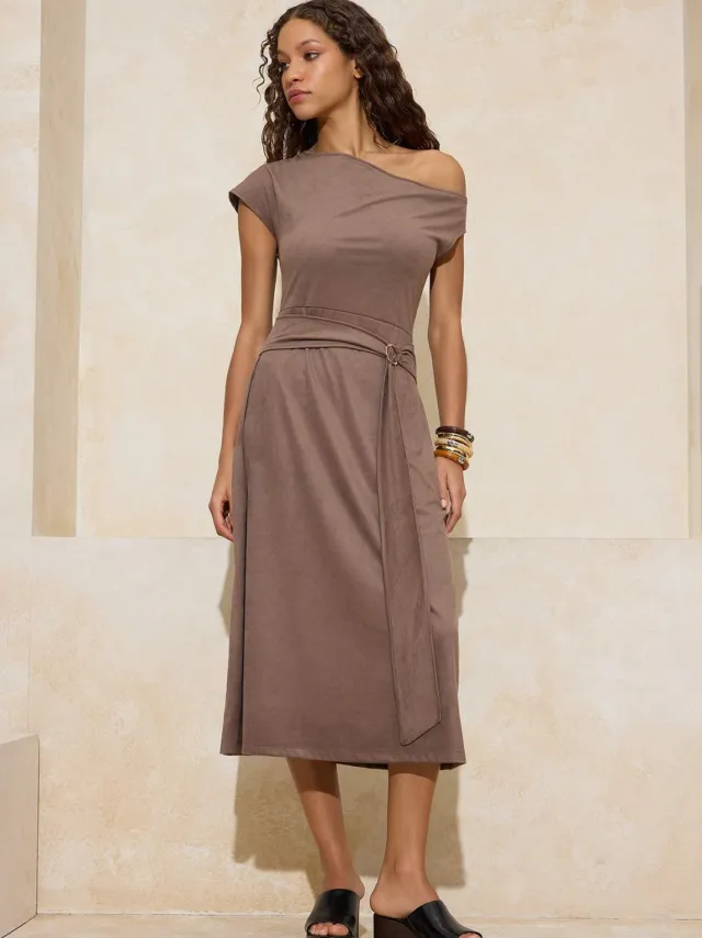 Trendyol TRENDYOLMİLLA Dames Bruin Effen Midi Mouwloos Casual A-lijn Jurken