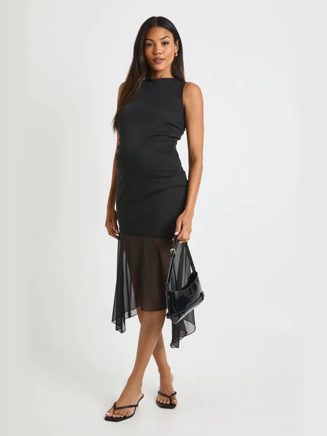 boohoo Dames Zwangerschapsjurk met gerafelde mesh en draperende zoom midi jurk Zwart