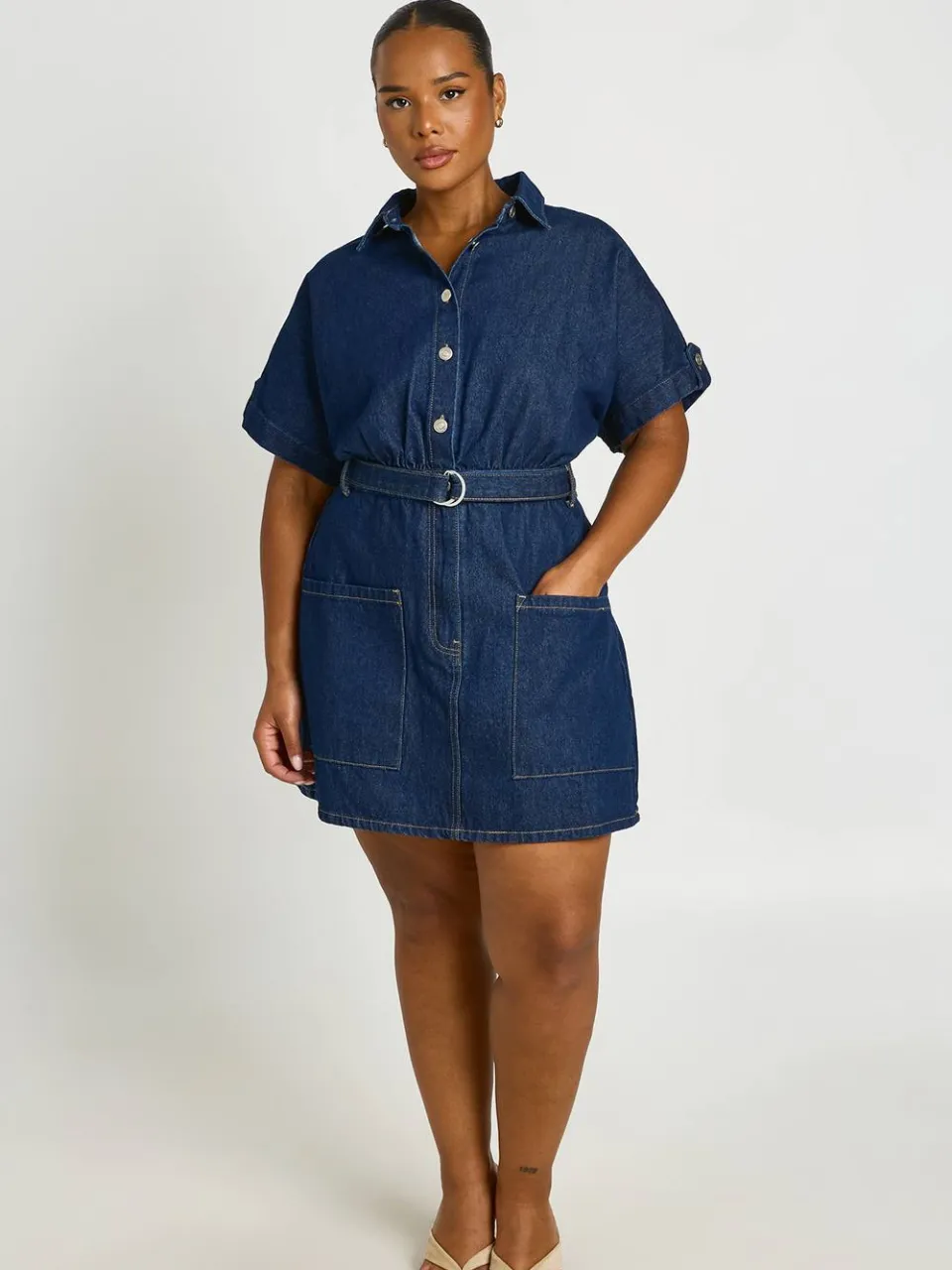 boohoo Dames Plus Denim Utility Riem Shift Jurk, foto 3