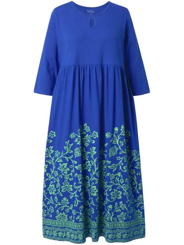 Ulla Popken Dames - Maxi-jurk A-lijn ronde hals 3/4-mouwen zakken - Marine - Maat 66+