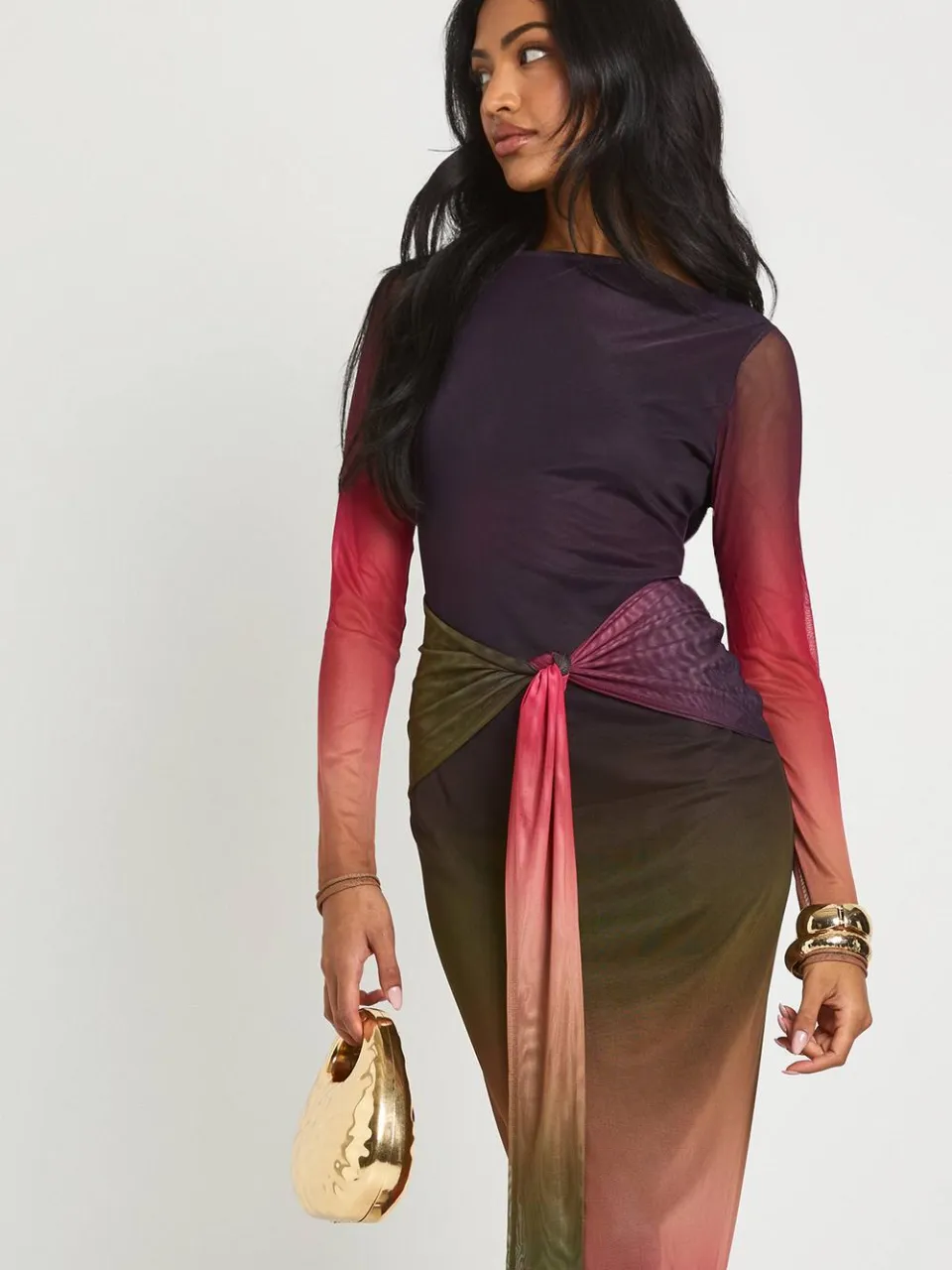 boohoo Dames Knoop Detail Lange Mouwen Maxi Jurk multicolor, foto 3