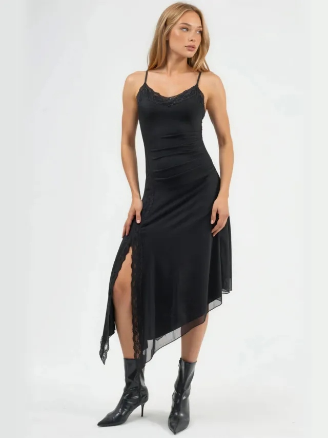 Hiccup Kantdetails Tule Midi Jurk Zwart