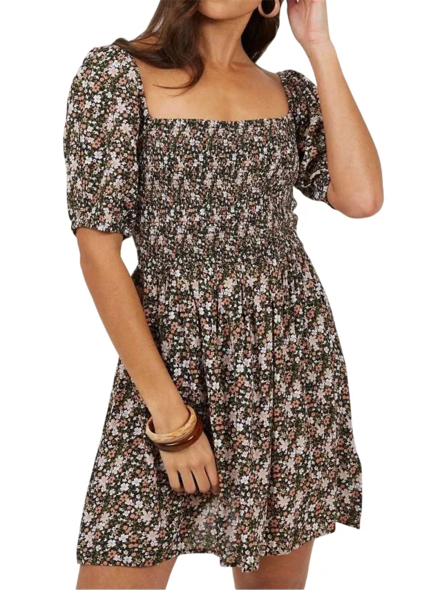 Brave Soul Mini-jurk voor dames met bloemenprint, vierkante halslijn en pofmouwen (Roze/Multikleurig)