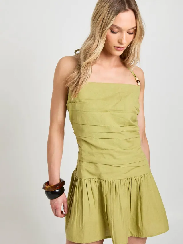 boohoo Dames Petite Linnen Mini-jurk Met Kralenbandjes En Verlaagde Taille Licht Kaki