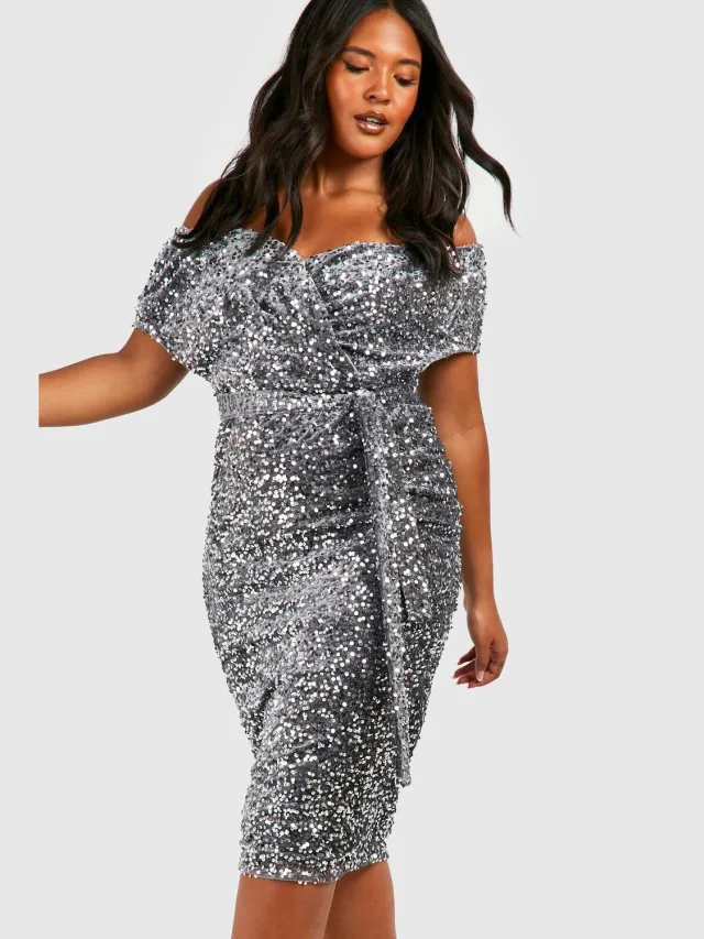 boohoo Dames Plus Pailletten Off-Shoulder Wikkel Midi Jurk Zilver