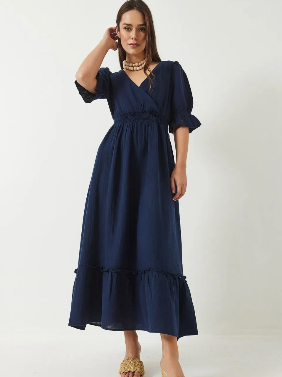Bianco Lucci V-hals Textured Midi-jurk met Elastische Details marineblauw, foto 2