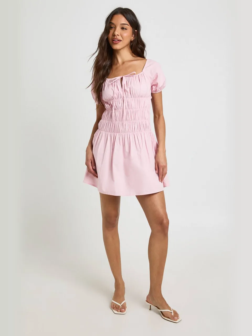 boohoo Dames Katoenen Poplin Mini Jurk Met Gerimpeld Lijfje En Pofmouwen baby roze, foto 3