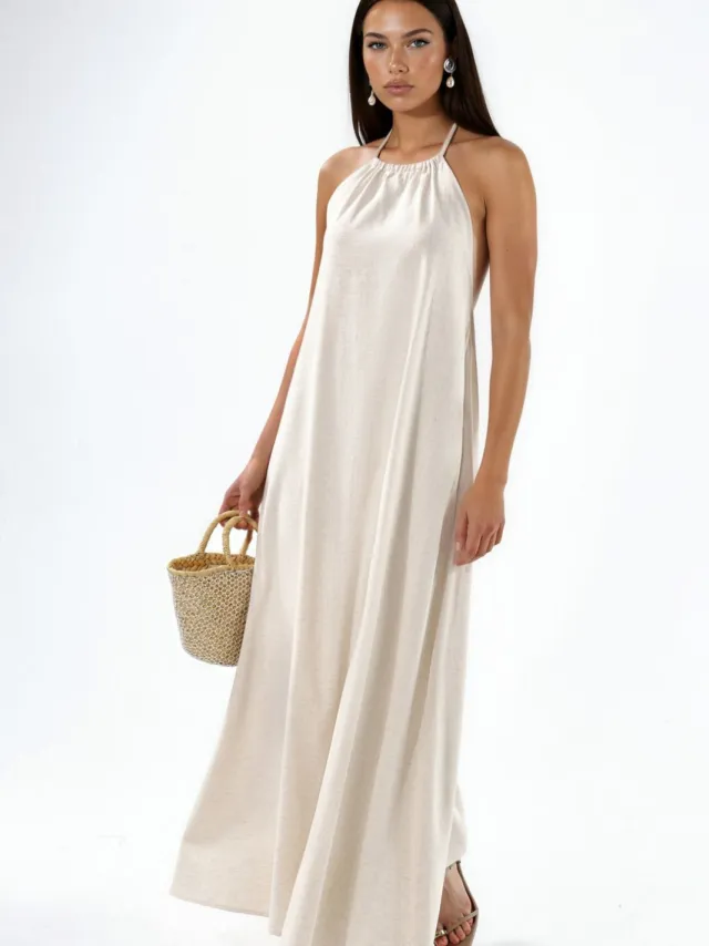 Hiccup Linnenmix Halternek Maxi-jurk Beige