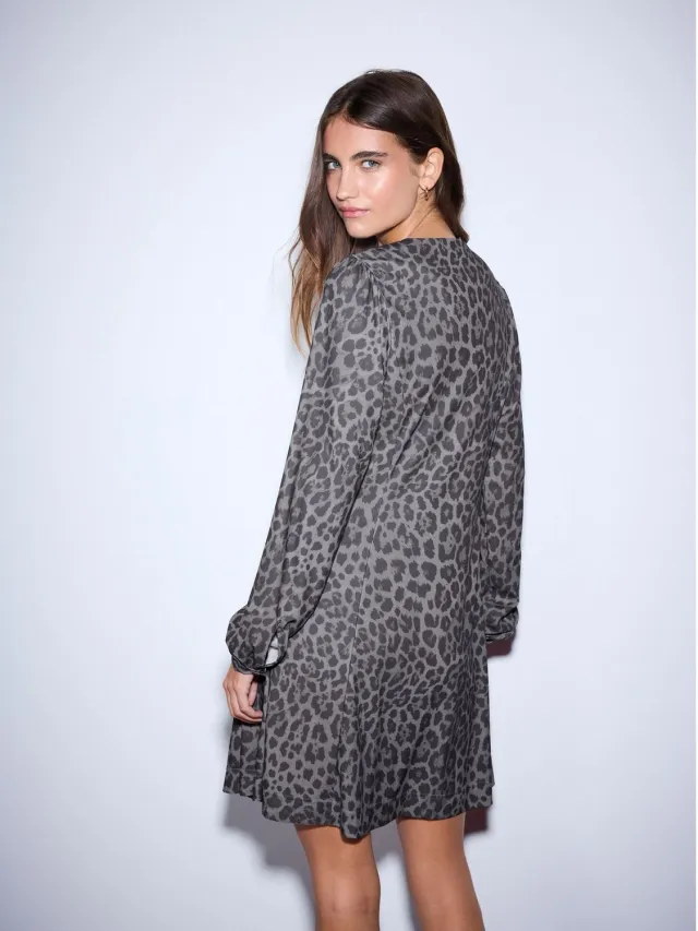 Next Dames - Mini-jurkje met lange mouwen en V-hals - Dierenprint Grey Animal