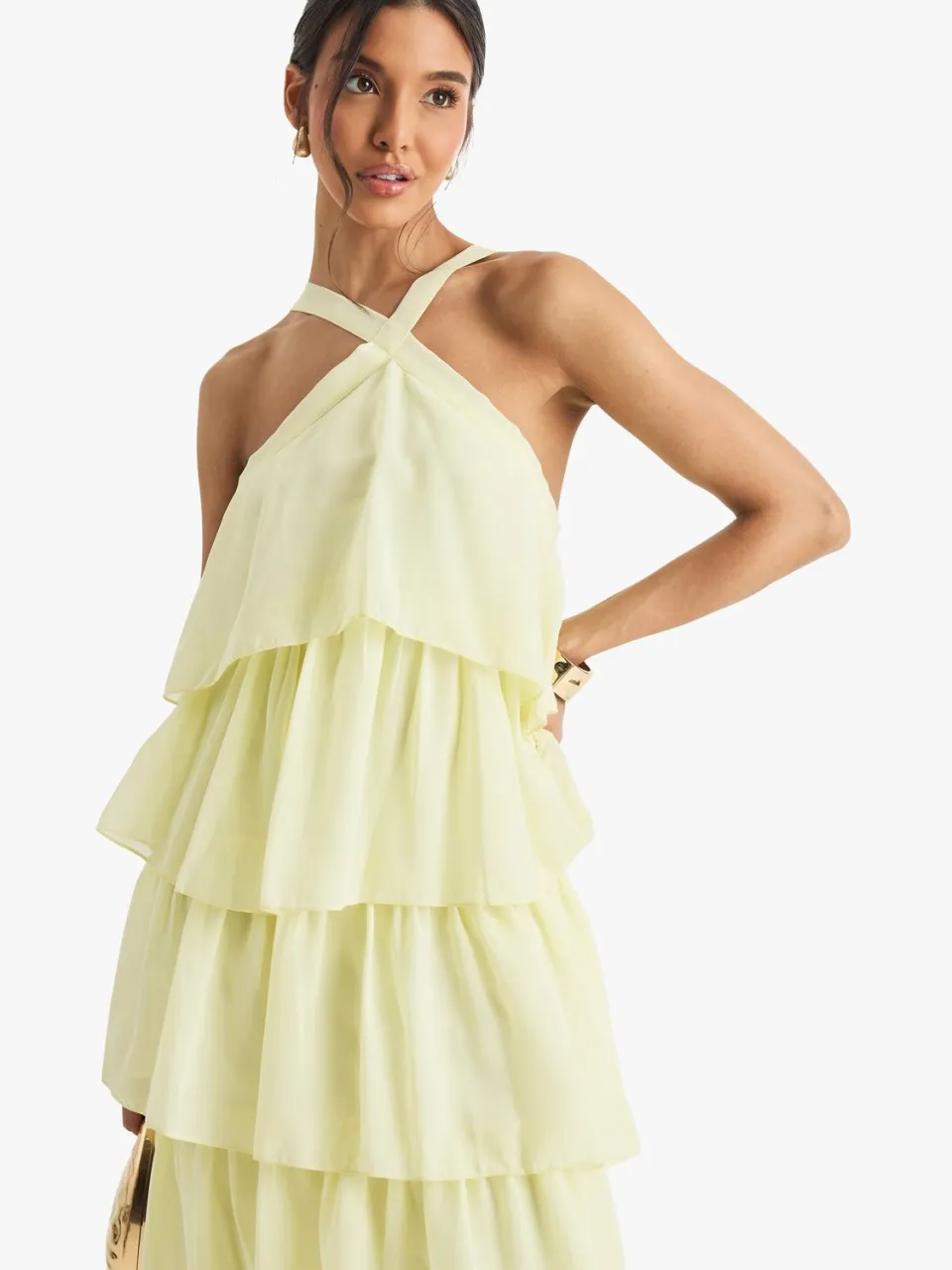 boohoo Dames Chiffon Gelaagde Halterneck Maxi Jurk citroen, foto 2