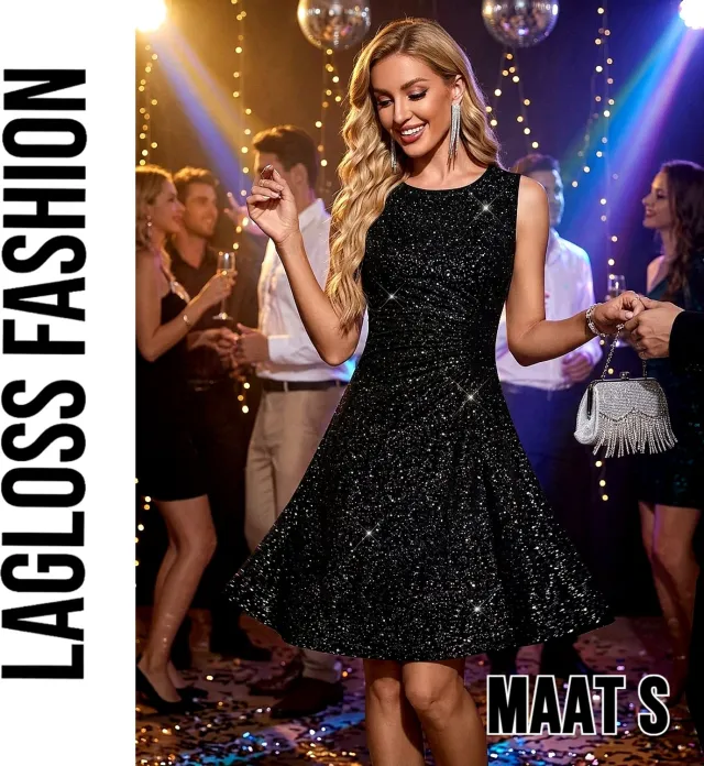 LaGloss Feestelijke Zwarte Avondjurk – Elegante Slim-Fit Feestjurk met Zilveren Glinstering –
