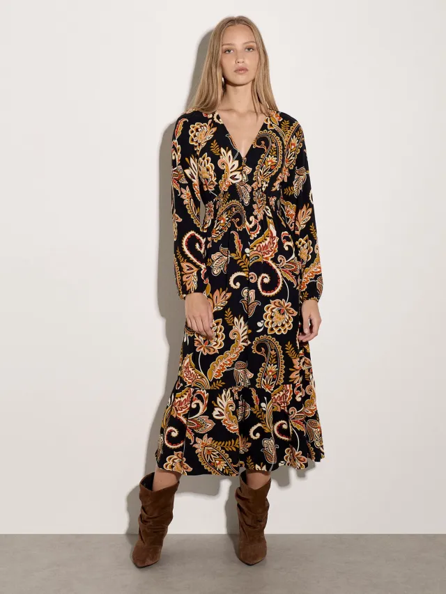 Apricot Midi-jurk van crêpe met folkloristische bloemenprint Zwart