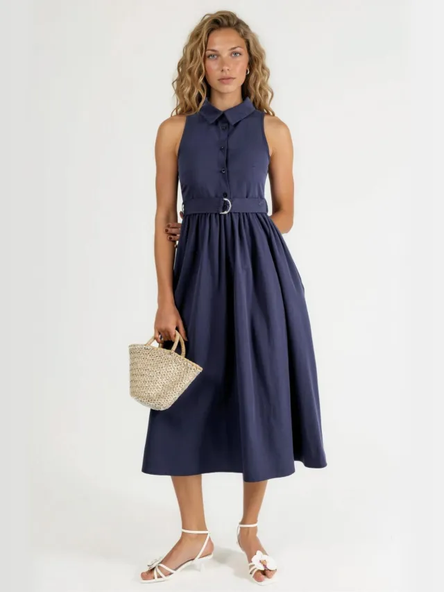 Busem Geknoopte Overhemdkraag Midi Jurk Marineblauw