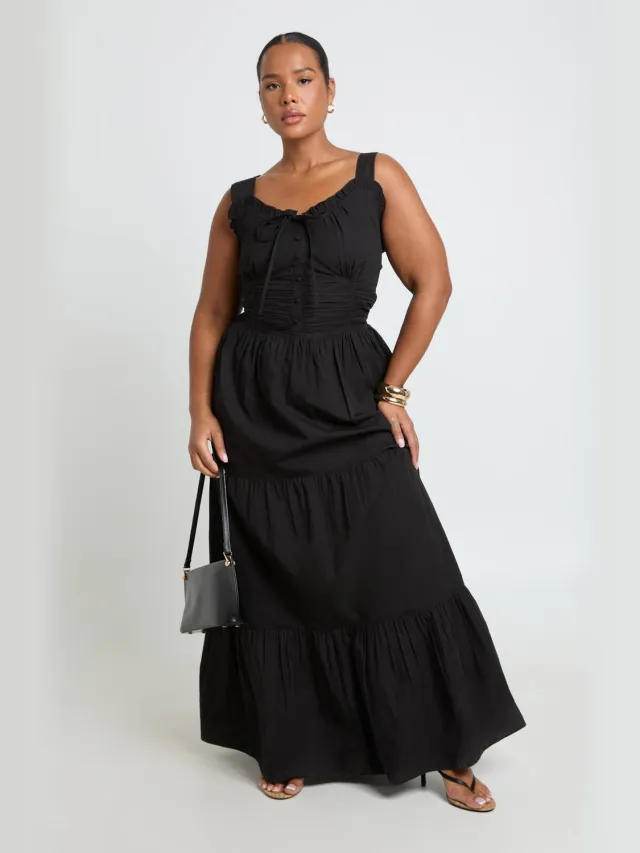 boohoo Dames Plus Geplooid Poplin Maxi Jurk Zwart