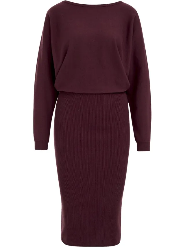 WE Fashion Dames fijngebreide midi jurk met boothals Aubergine