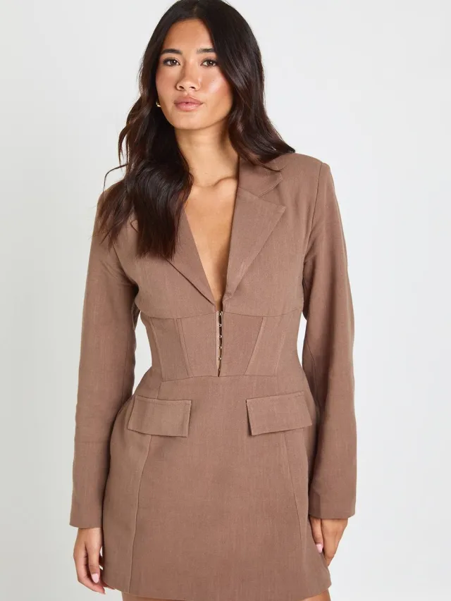 boohoo Dames Gestructureerde Contour Linnen-look Blazer Jurk Chocoladebruin
