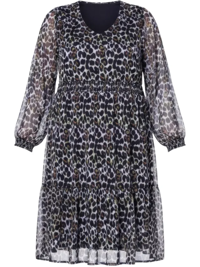 Studio Untold Dames - Midi-jurk A-lijn dubbellaags luipaardprint zoomvolant - Purper - Maat 54+