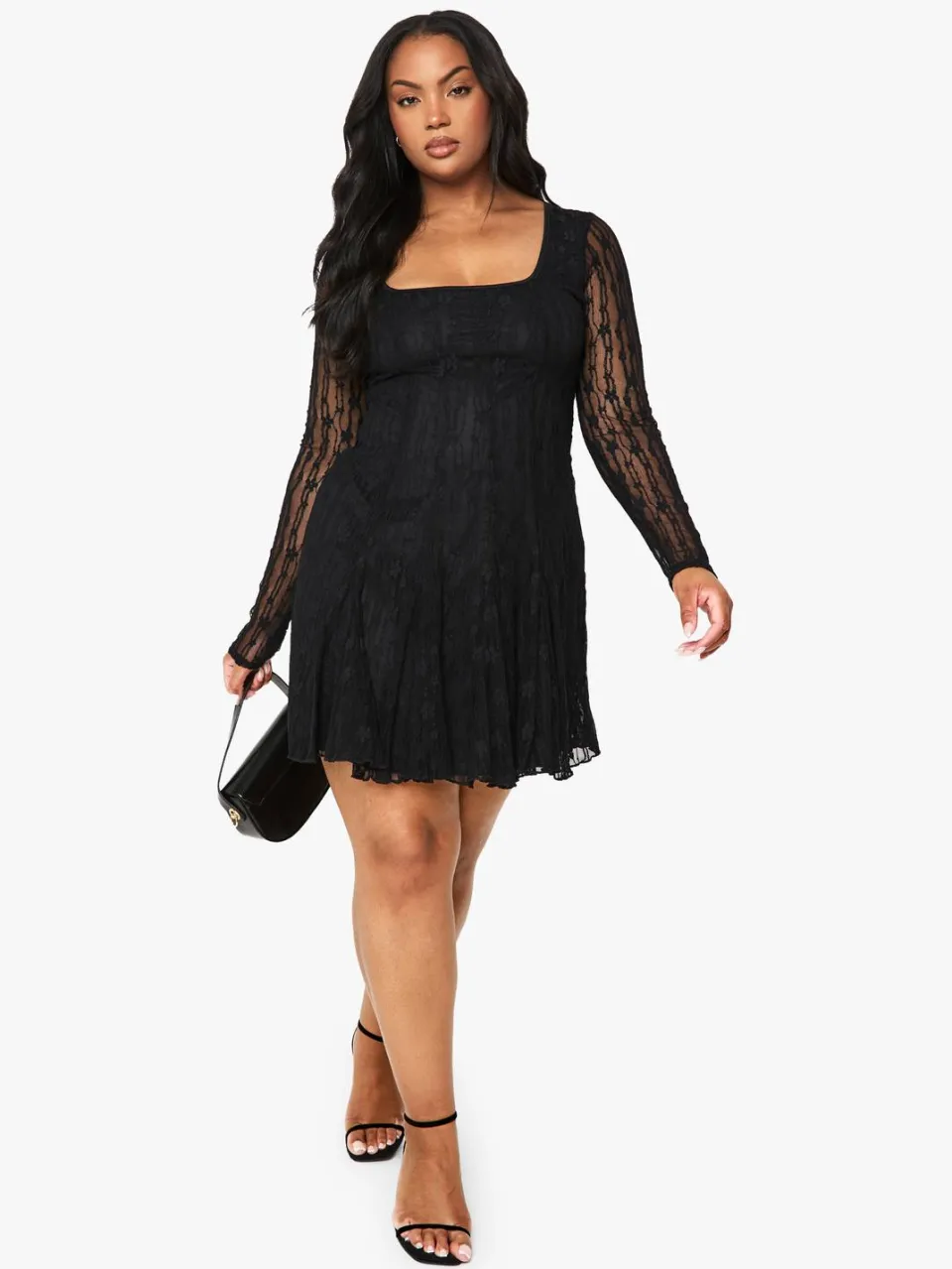 boohoo Dames Plus kanten godet mini skater jurk zwart, foto 2