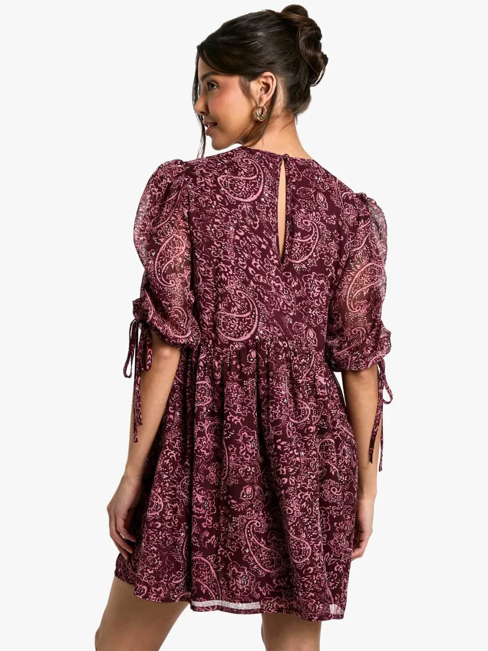 boohoo Dames Paisley geraffelde mouw minisjurk pruim, foto 2