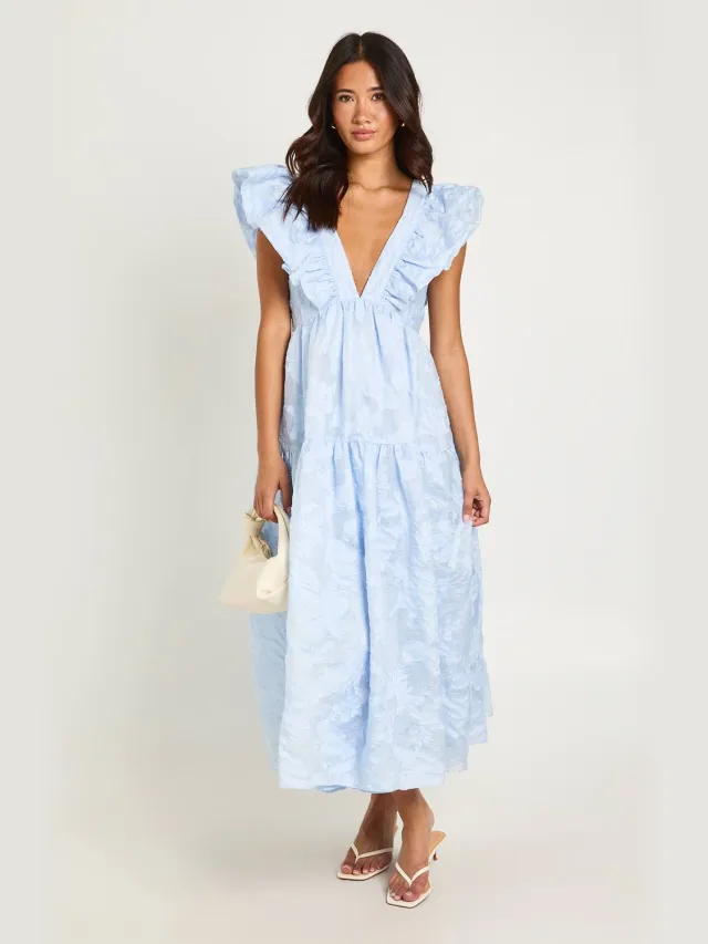 boohoo Dames Burnout Jurk Met Rijgdetail En Ruches Zoom Midaxi Pastelblauw