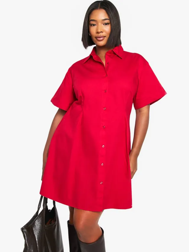 boohoo Dames Plus Poplin getailleerde overhemdjurk Rood