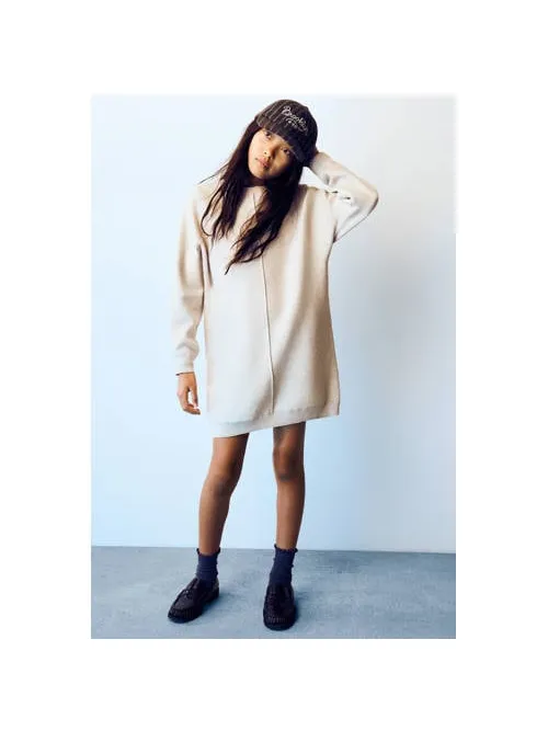Mango Kids gebreide midi jurk - beige Meisjes Katoen Ronde hals Effen
